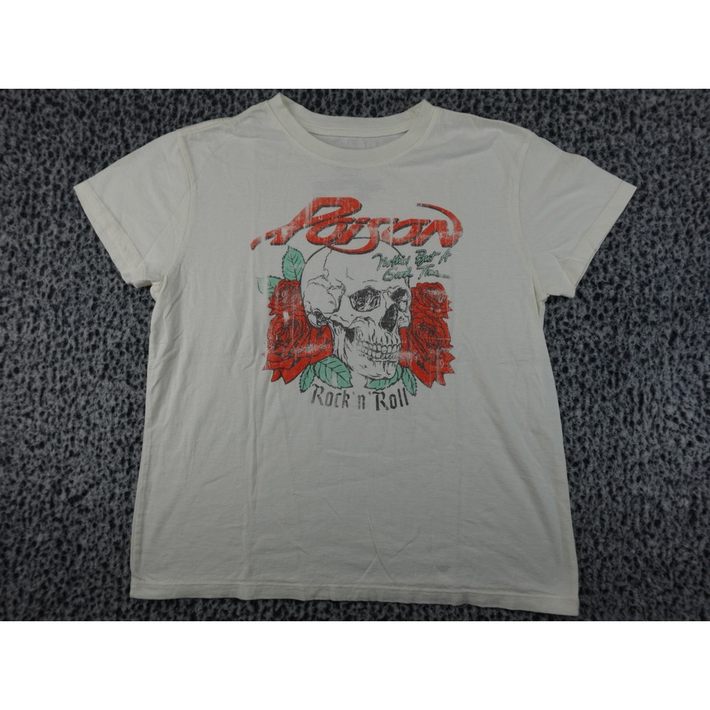 Poison Graphic T-Shirt Mens Medium Cream Excellent Skull Roses Rock Band Tee